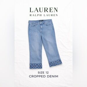 Lauren Ralph Lauren Cropped Jeans Embroidered Hem Sz 12 Boho Straight Leg Denim